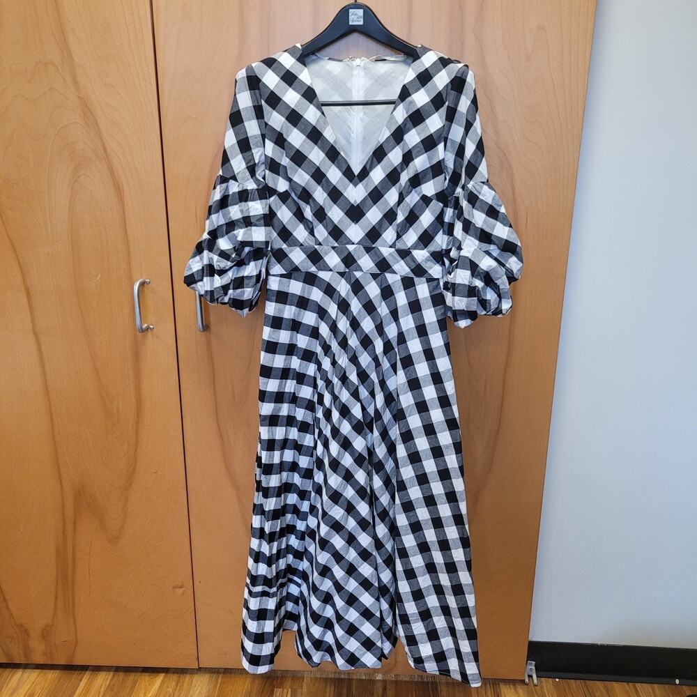 Wayward Fancies Eshakti Dress Medium Black Check Maxi Ruched Bishop Sleeves Boho